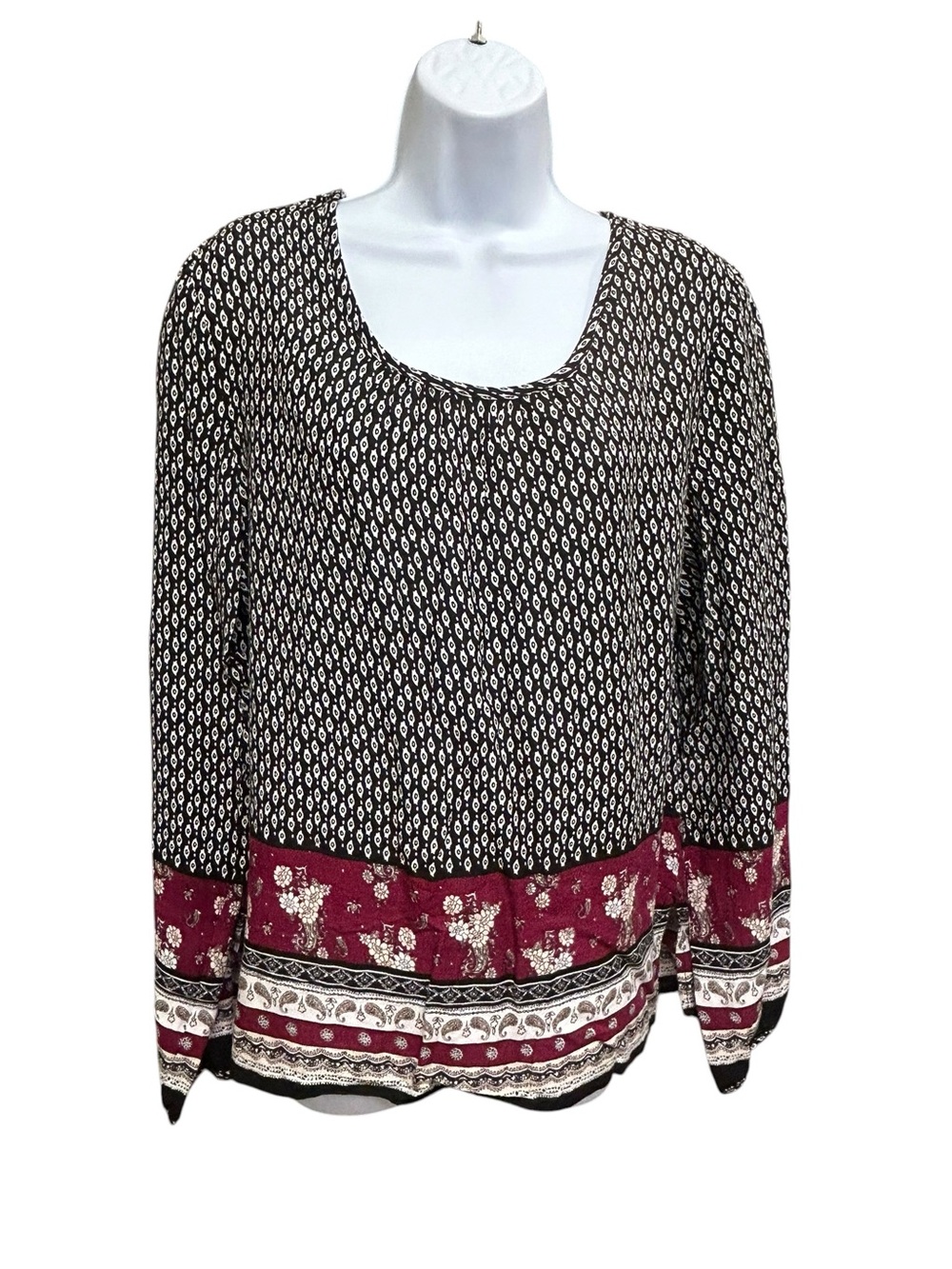 California Moonrise Boho Blouse | Rayon Long Sleeve Mixed Print Pullover Size M